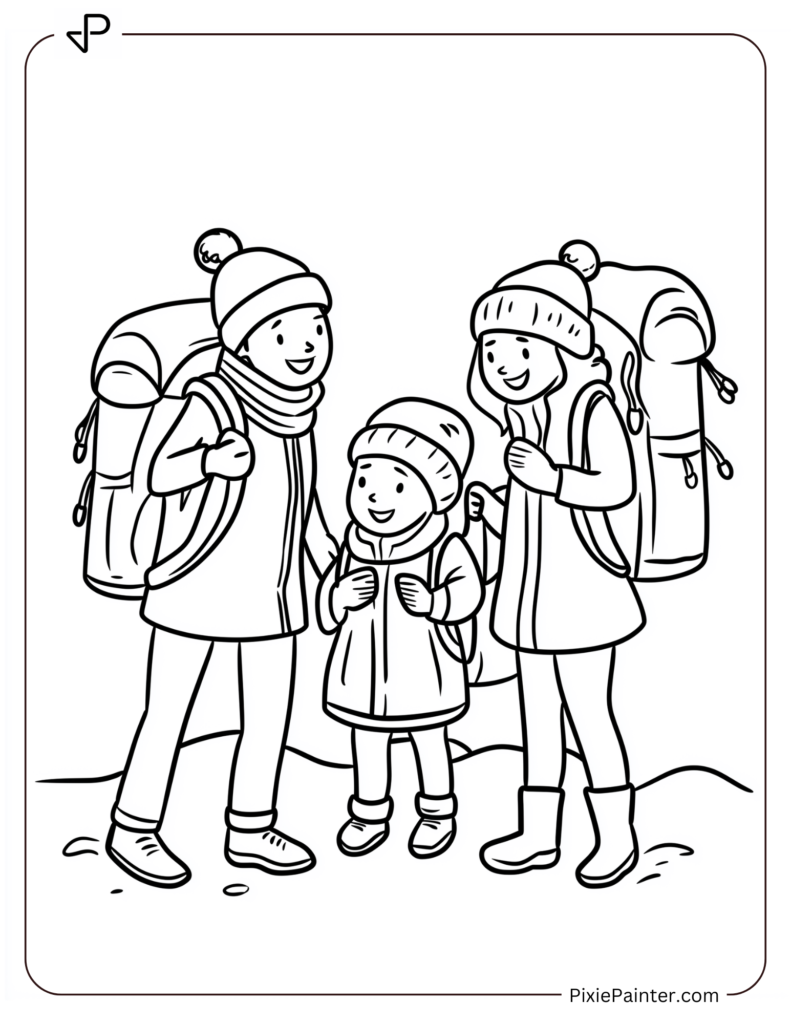 A Family Trekking Through A Snowy Trail, Backpacks In Tow