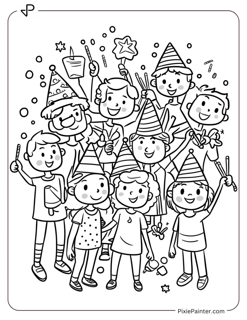 New Year Coloring Pages For Kids Where A Group Of Party-Goers With Hats And Noisemakers