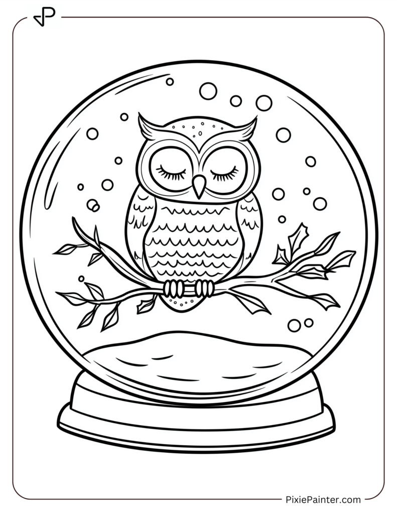 A Sleepy Owl Perched On A Snowy Branch Inside A Snow Globe