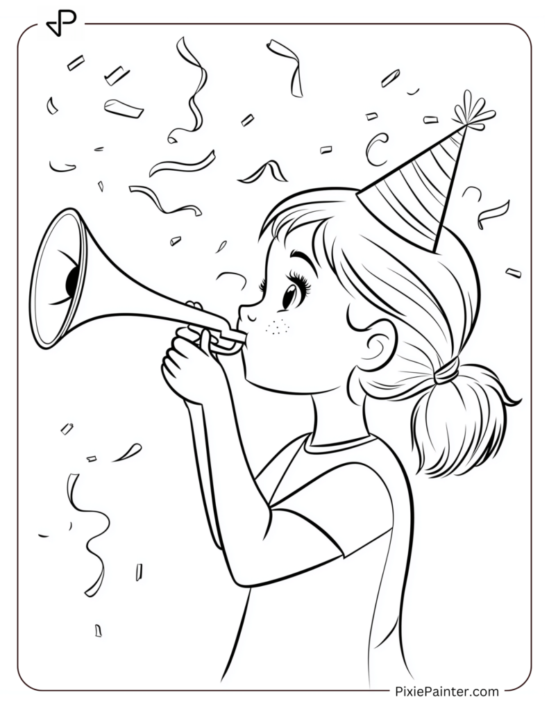 New Year's Eve Coloring Pages of a Girl blowing a party horn with streamers flying