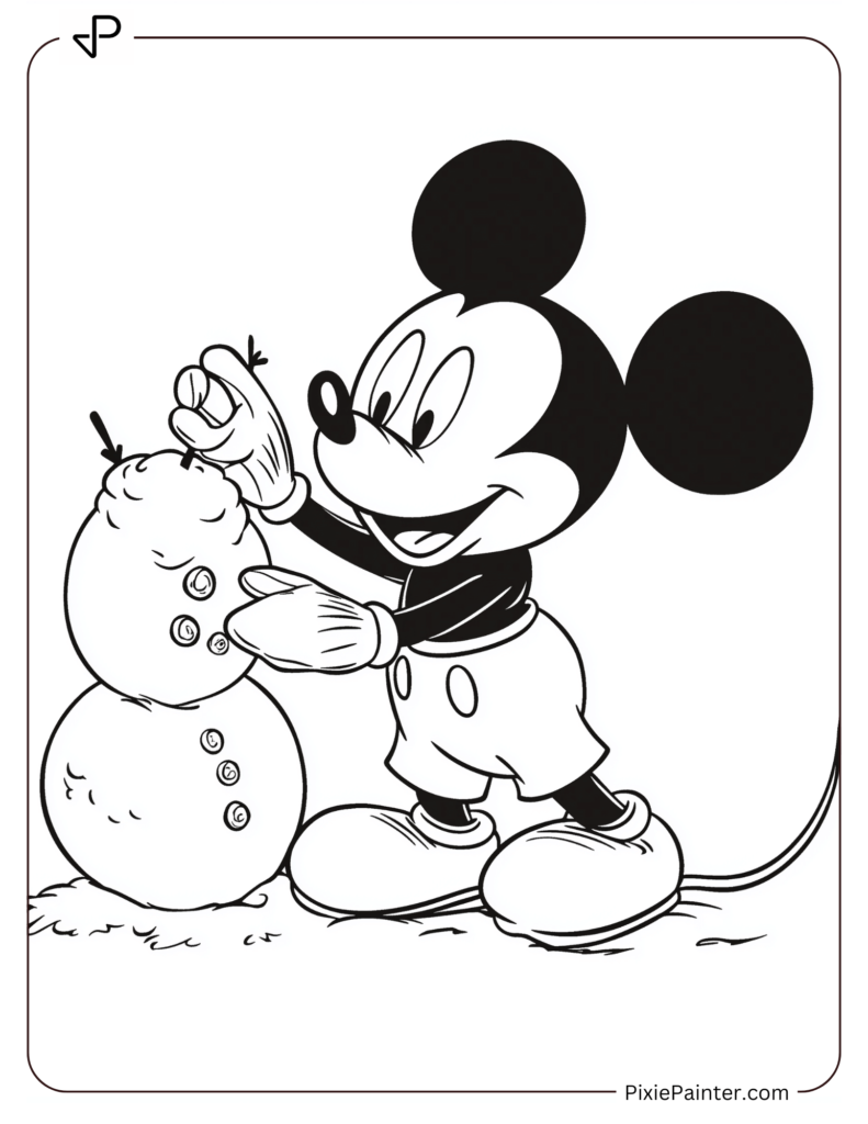 Winter Disney Coloring Page of Mickey Mouse Building a Snowman with His Gloves On