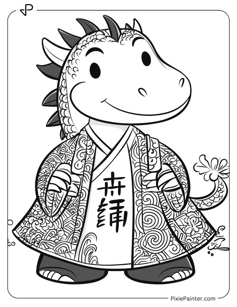 Cartoon Dragon Wearing a Robe with 新年快乐 in Intricate Patterns