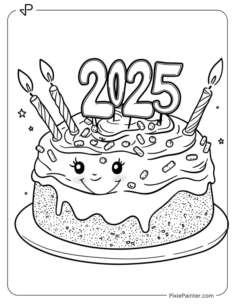 Cute New Year Coloring Pages With A Cake, Frosting, And 2025 Candles