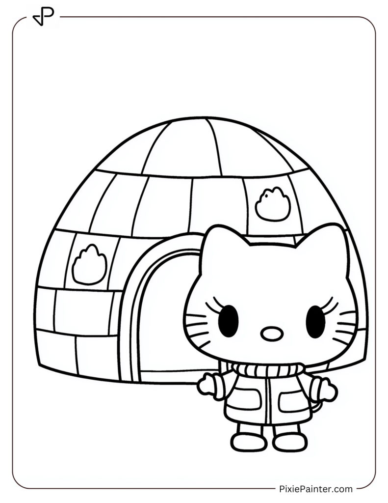 Winter Hello Kitty Coloring Pages Near An Igloo