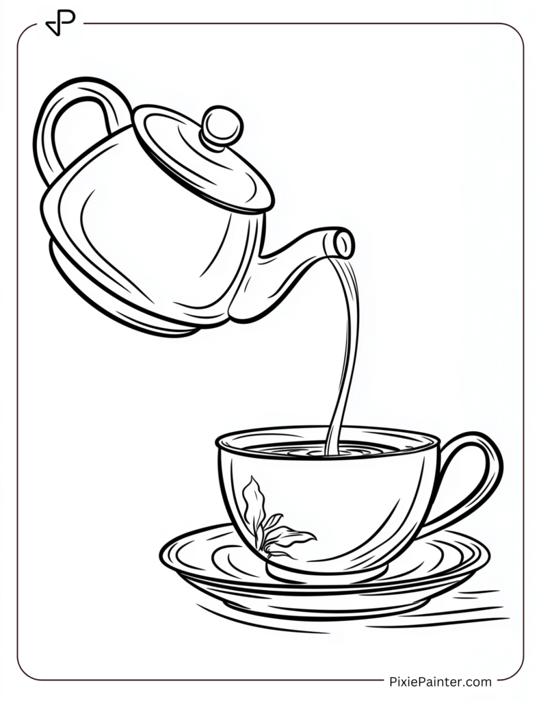 Chinese New Year Coloring Page Where A Teapot Pouring Hot Tea Into A Delicate Cup