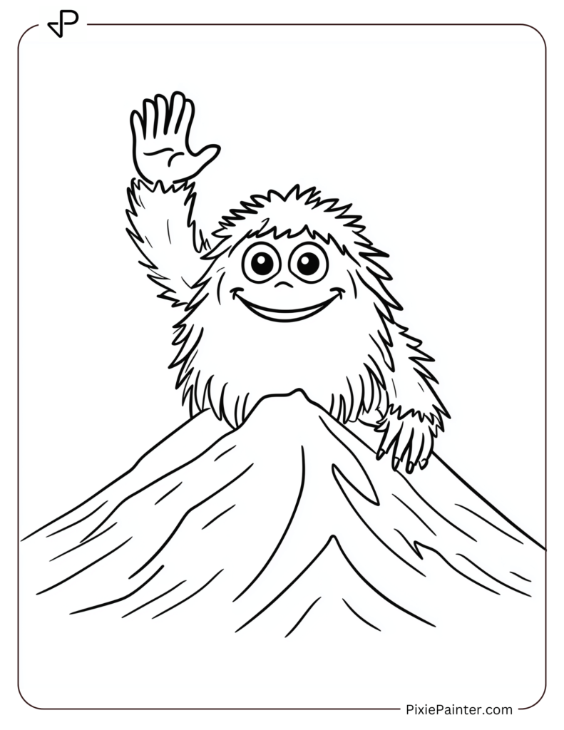 A Yeti Waving Happily From A Mountain Peak Covered In Snow