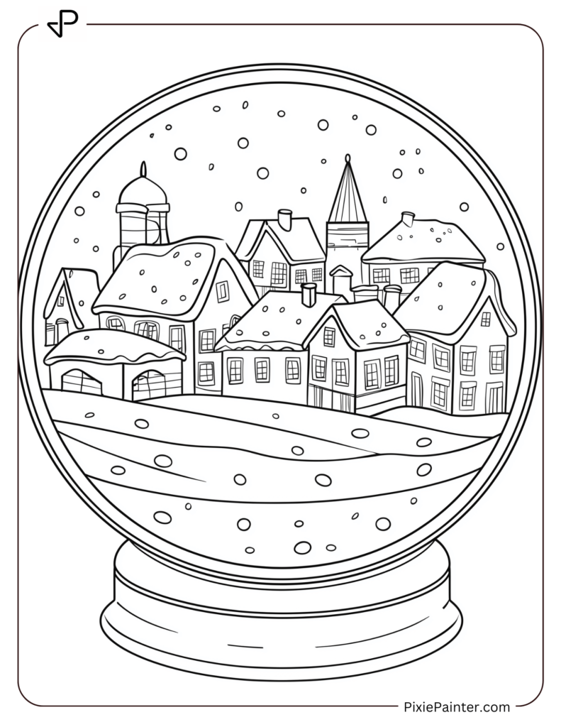 Winter Coloring Page for Adults of A magical snow globe featuring a tiny village with snowy rooftops