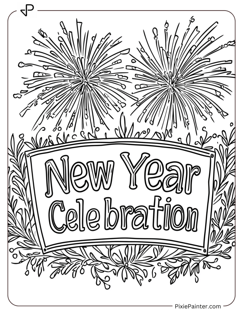 New Year's Eve Coloring Pages of Banner reading New Year Celebration under fireworks