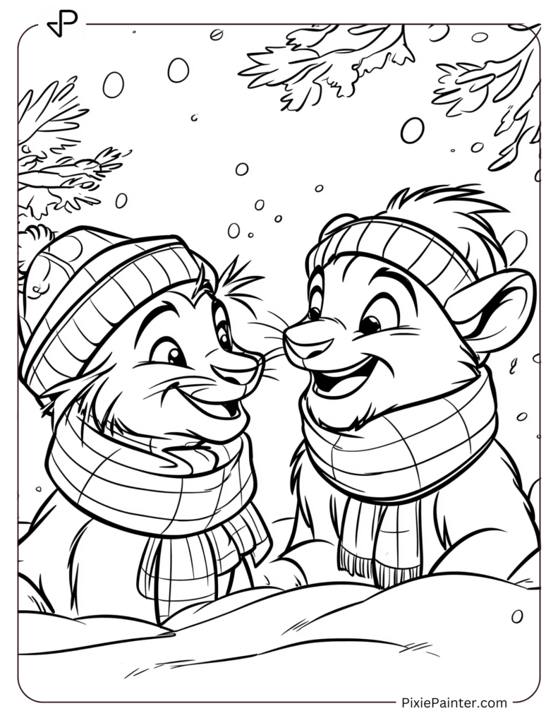 Winter Disney Coloring Page of Simba and Timon Playing in the Snow with Scarves and Hats