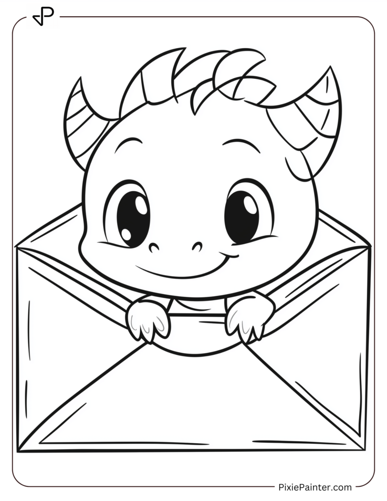 Baby Cartoon Dragon Peeking Out of a Large Envelope