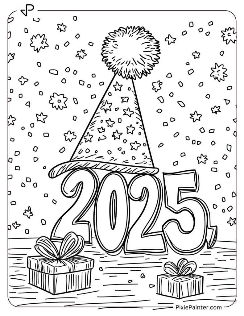 Cute New Year Coloring Pages With A Party Hat Shaped Like 2025