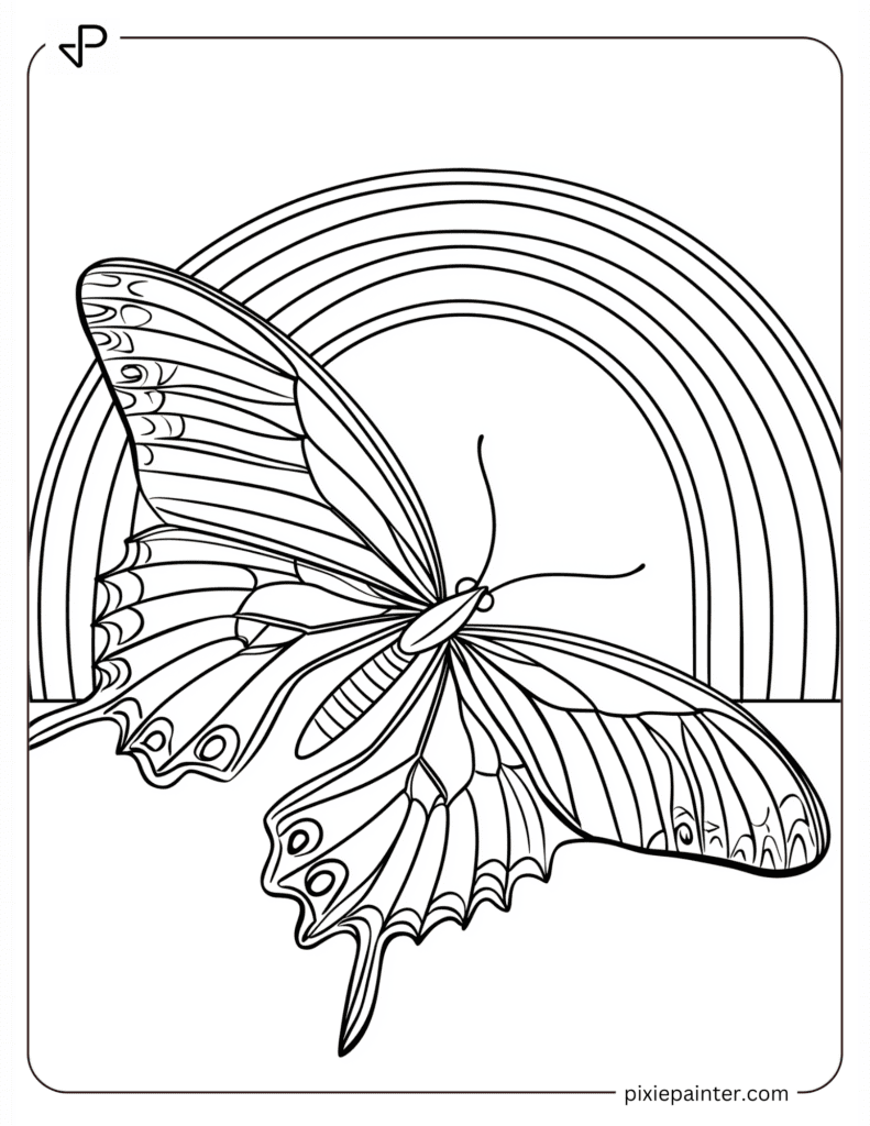Coloring Page of A Butterfly Flapping Its Wings Near a Rainbow