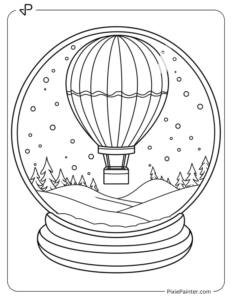 A Hot Air Balloon Floating Over A Snowy Valley Inside A Snow Globe