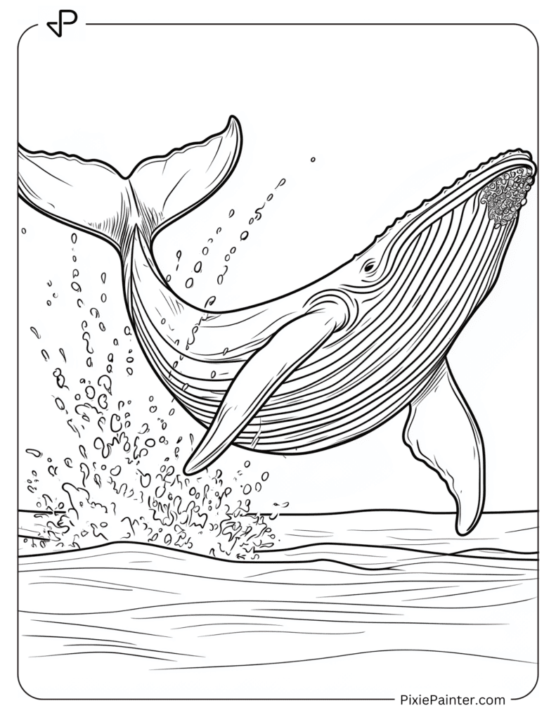 Coloring Page of A Whale With A Large Fluke Tail Splashing Water Droplets Into The Air