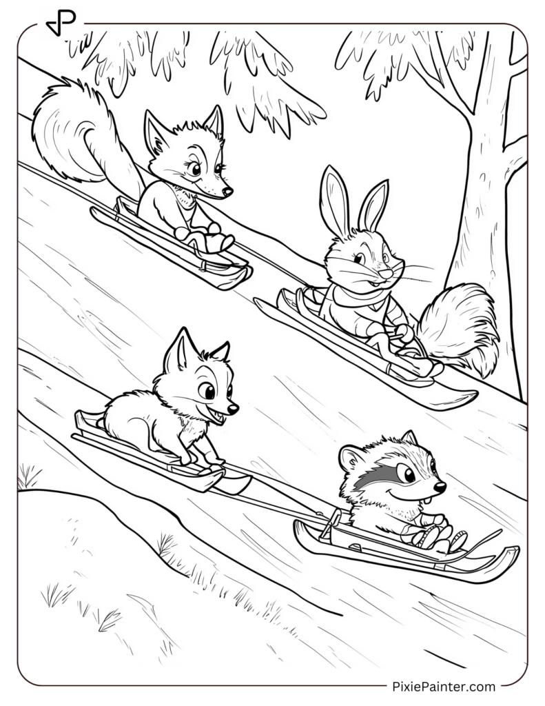 A sledding race between animals like a fox, a rabbit, and a raccoon on a snowy hill