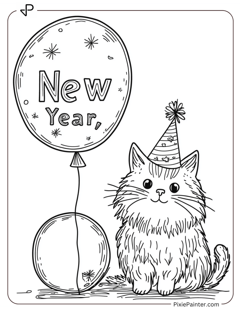 New Year's Eve Coloring Pages of Festive cat in a party hat beside a New Year balloon