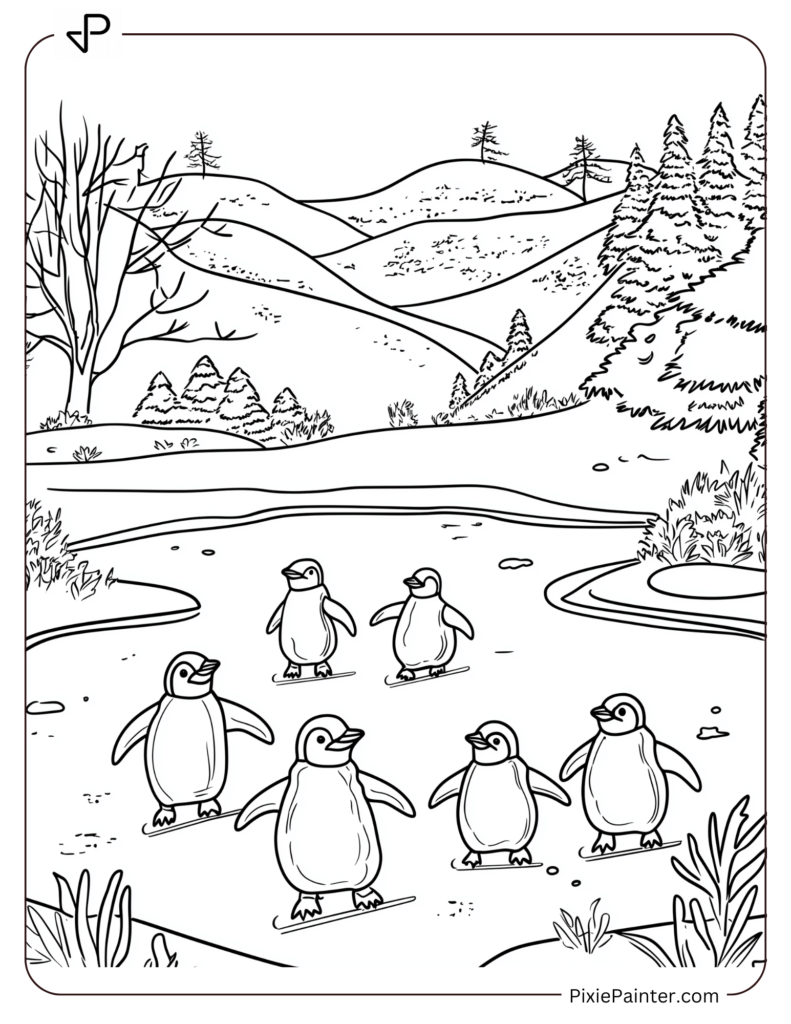 24. Penguins Skating On A Frozen Winter Pond