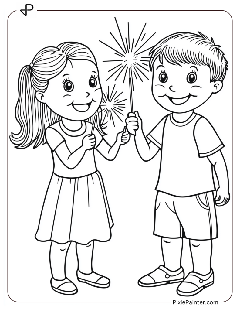 Lunar New Year Coloring Page of A Two Children Smiling With Sparklers