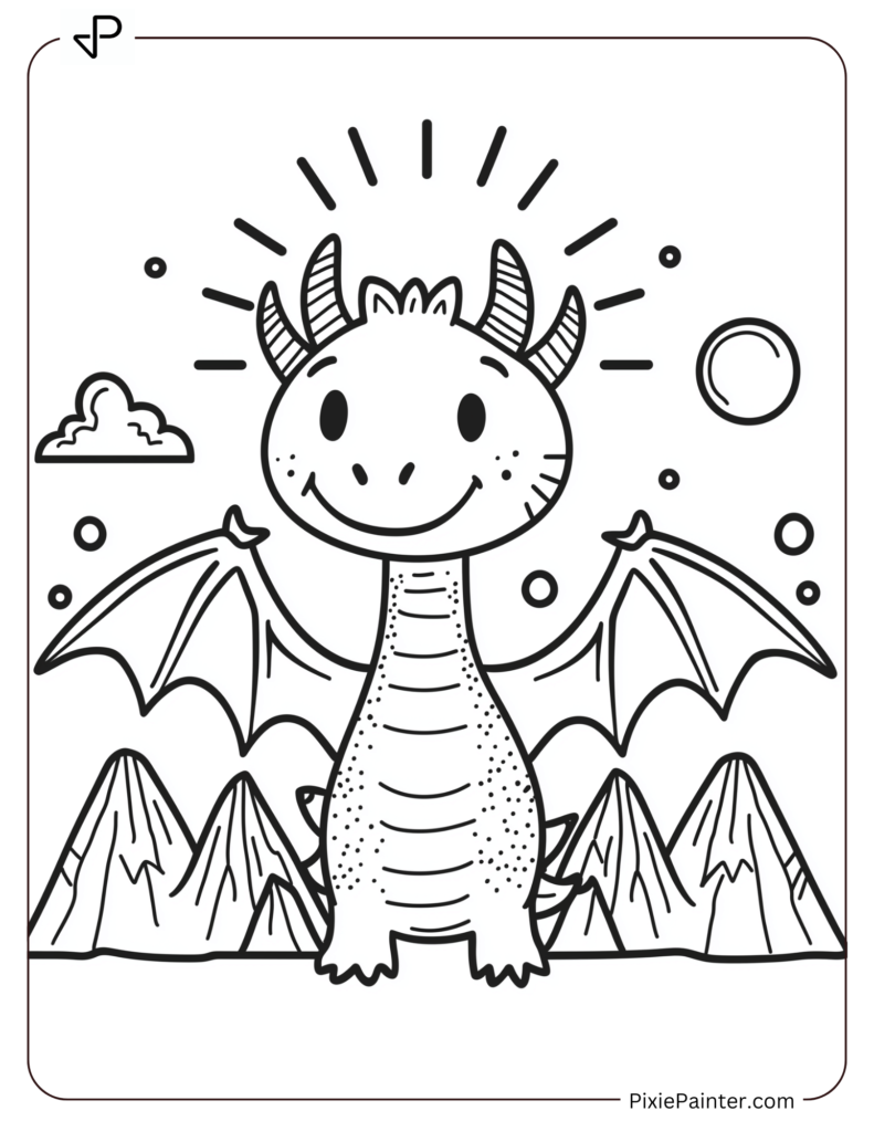 Cartoon Dragon Surrounded by Mountains and a Rising Sun