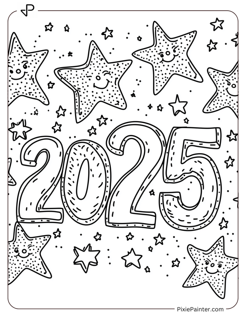 Cute New Year Coloring Pages With Stars Forming 2025 Constellations