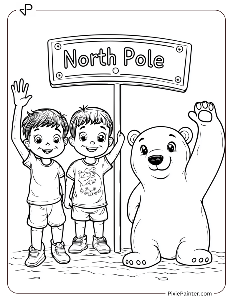 Kids Waving with Polar Bear and Sign