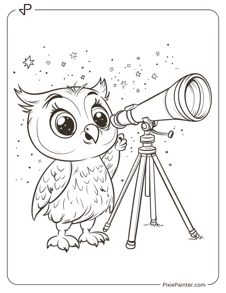 Curious Owl Stargazing With A Telescope