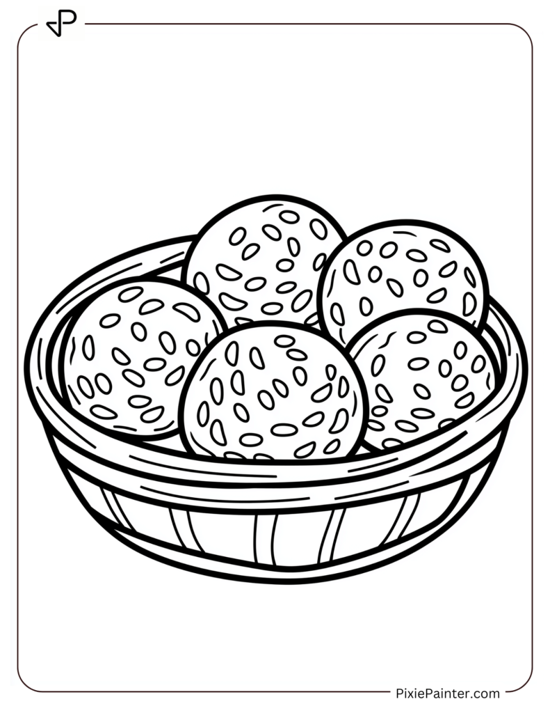 Chinese New Year Coloring Page Where A Basket Filled With Sticky Rice Cakes, Neatly Arranged