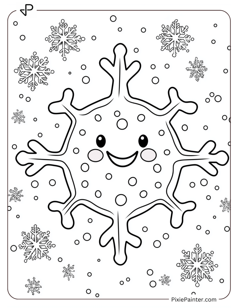 A kawaii-style snowflake character with a smiling face and tiny arms