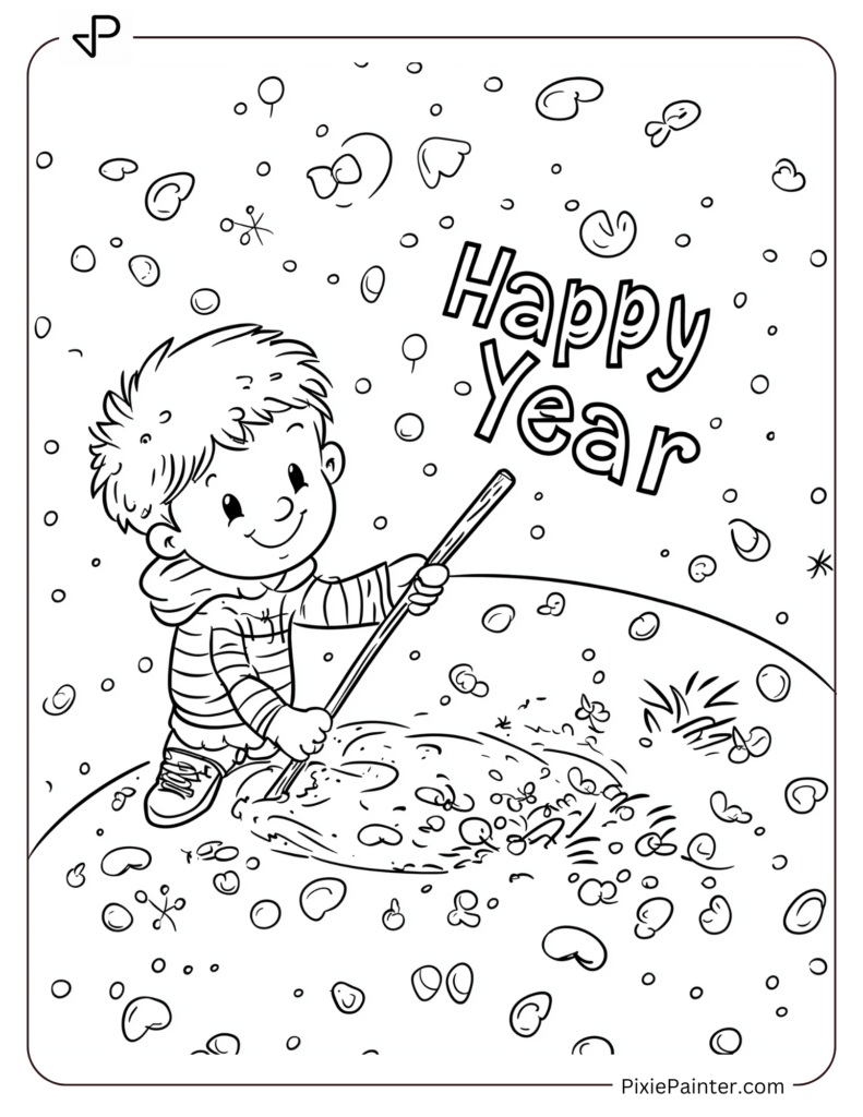 New Year's Eve Coloring Pages of a Boy writing Happy New Year in the snow