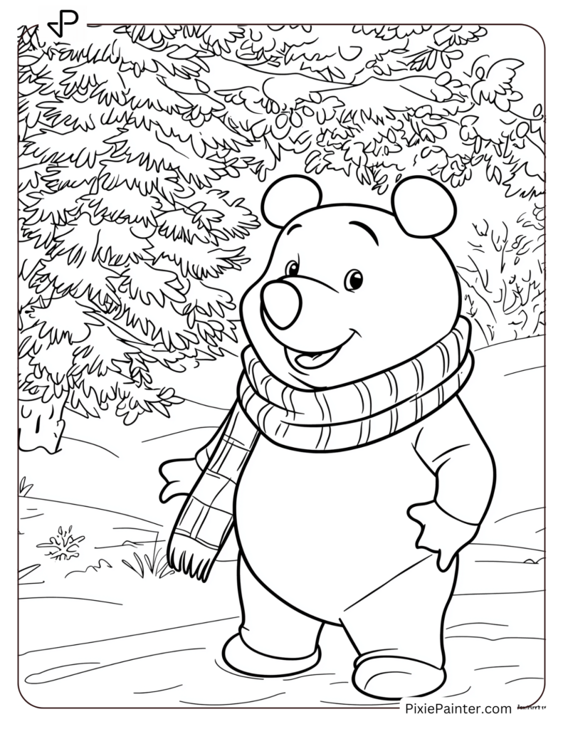 Winter Disney Coloring Page of Winnie the Pooh in a Cozy Winter Scarf, Snow-Covered Tree in the Background