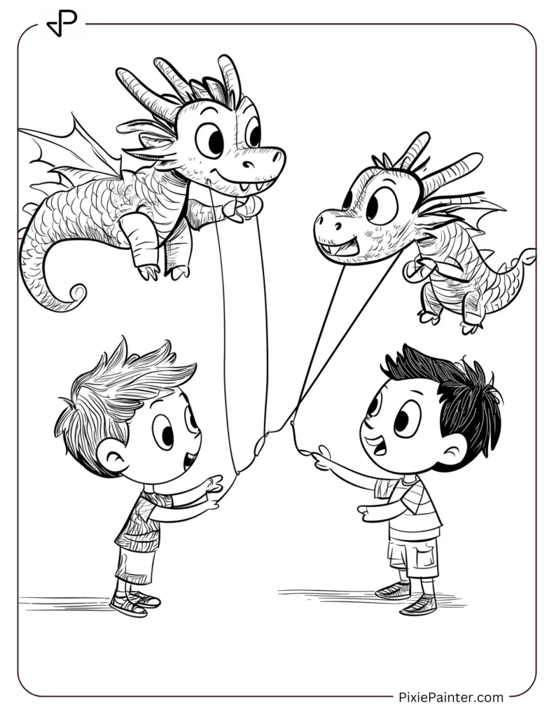 Children Playing with Cartoon Dragon Puppets