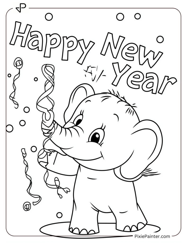 Cute New Year Coloring Pages With A Baby Elephant Blowing A Happy New Year Streamer