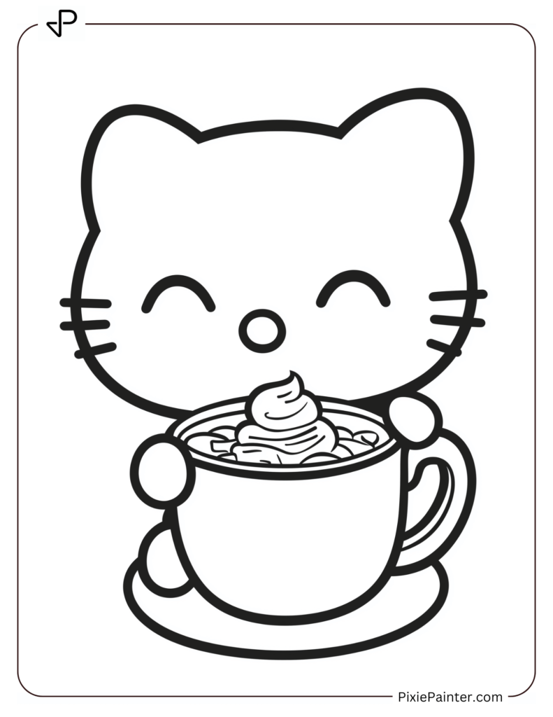 Winter Hello Kitty Coloring Pages of Drinking Hot Chocolate