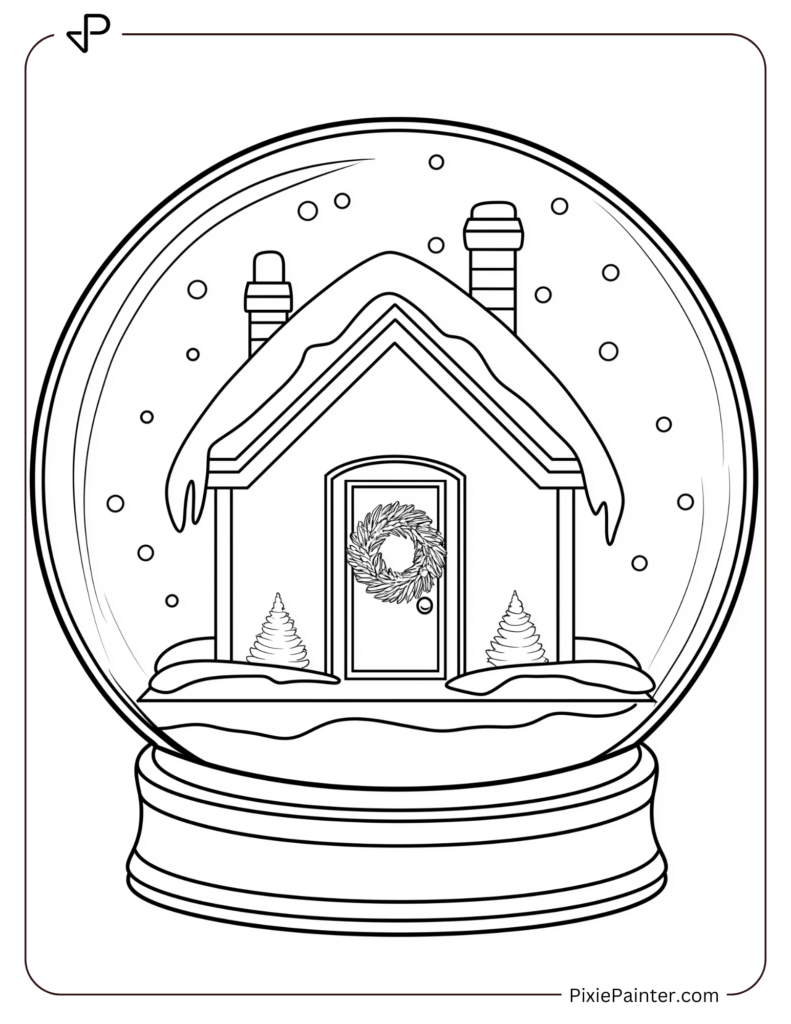 A Snow-Covered House With A Wreath On The Door Inside A Snow Globe