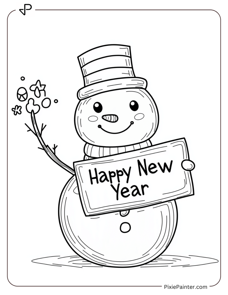 New Year Coloring Pages For Kids Where A Snowman Holding A "Happy New Year" Sign