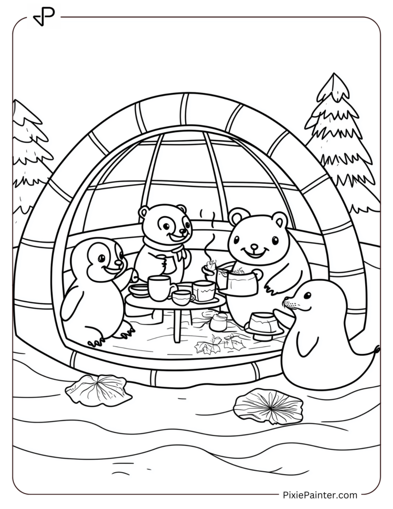 Winter Coloring Page for Adults of A cozy tea party inside an igloo, with a penguin, a polar bear, and a seal enjoying hot cocoa