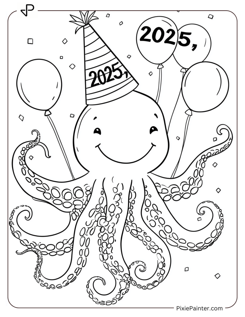 A Smiling Octopus in a Party Hat Holding 2025 Balloons