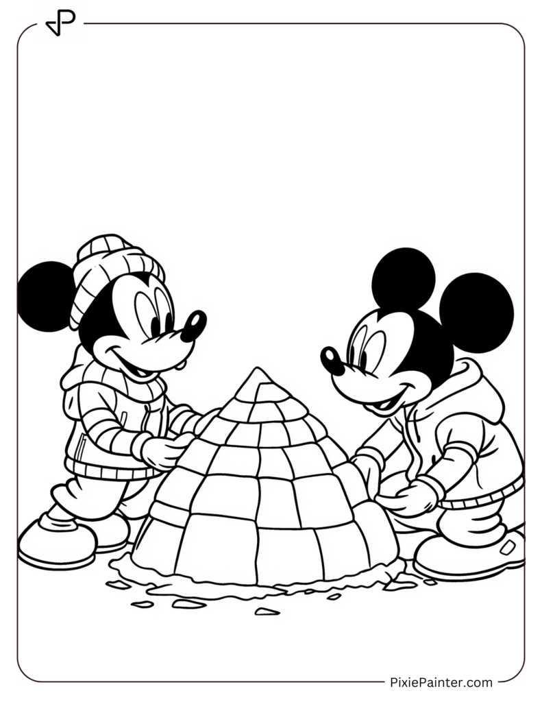 Winter Disney Coloring Page of Goofy and Mickey Mouse in Winter Gear, Building an Igloo