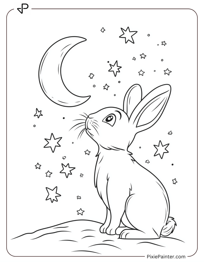 Lunar New Year Coloring Page of A Rabbit Gazing at a Crescent Moon and Stars