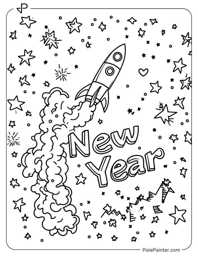 New Year's Eve Coloring Pages of Rocket soaring through a starry sky, New Year trailing in smoke