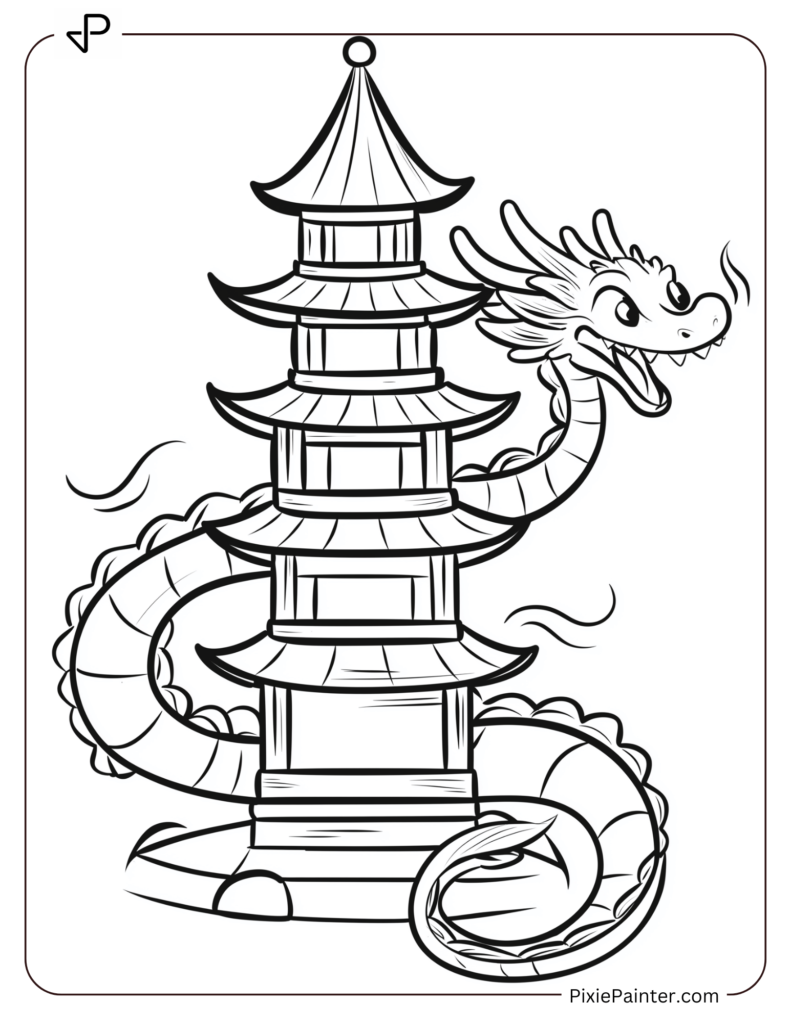 Cartoon Dragon Curling Around a Minimal Pagoda