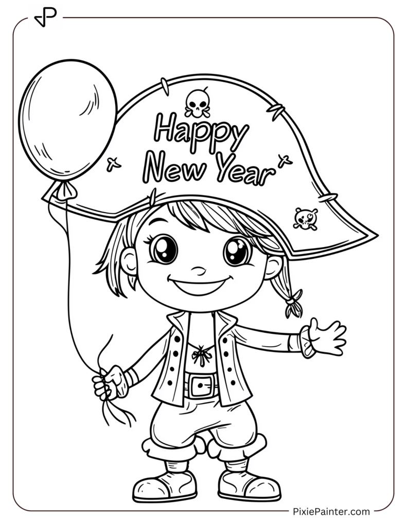 Cute New Year Coloring Pages Featuring A Pirate Kid With Happy New Year Hat