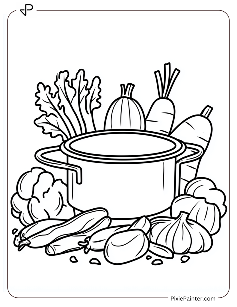 Chinese New Year Coloring Page Where A Bubbling Hot Pot Surrounded By Fresh Vegetables