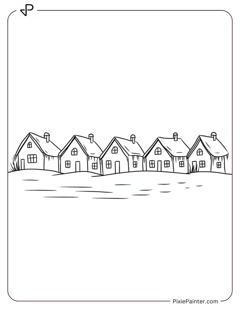 January Coloring Page Where A Row Of Quaint Houses Blanketed In Sparkling Snow