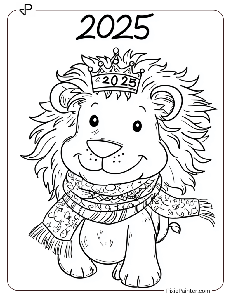 A Friendly Lion in a Scarf and Crown With 2025