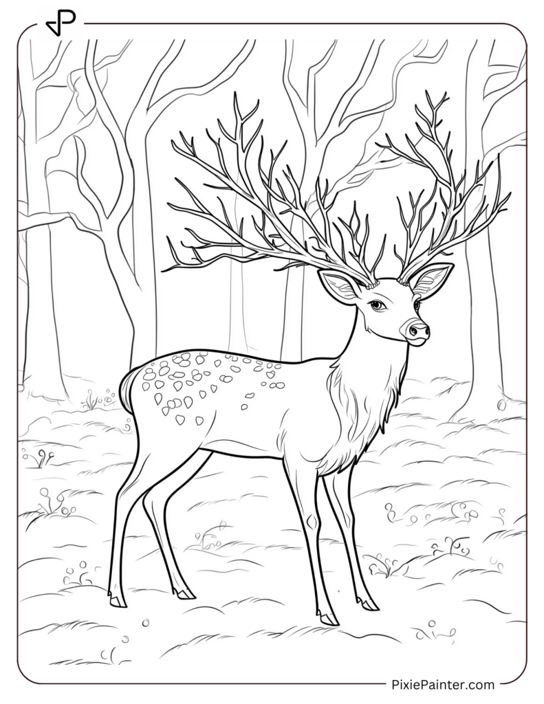 A magical winter deer with antlers made of icy branches, standing in a snowy forest