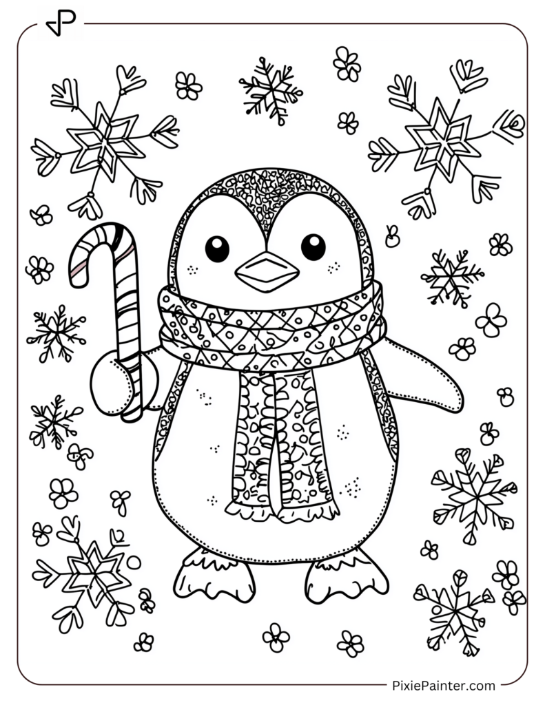 27. Baby Penguin Holding Candy Cane in Snow