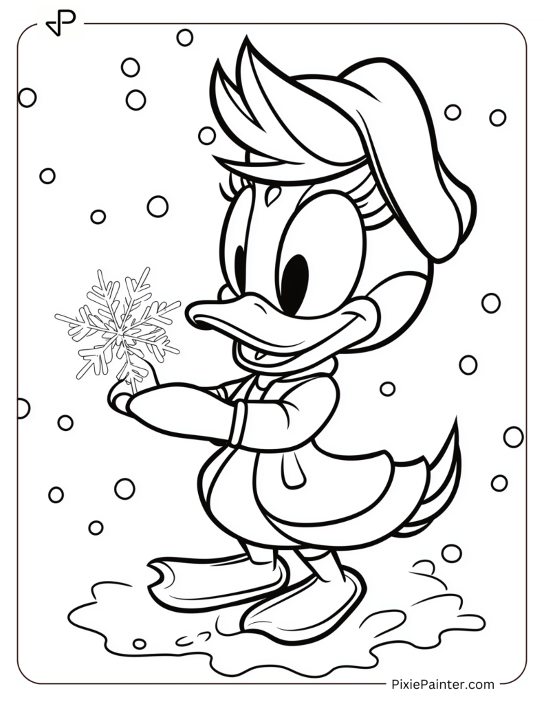 Winter Disney Coloring Page of Daisy Duck Holding a Snowflake with Snow Falling Around Her