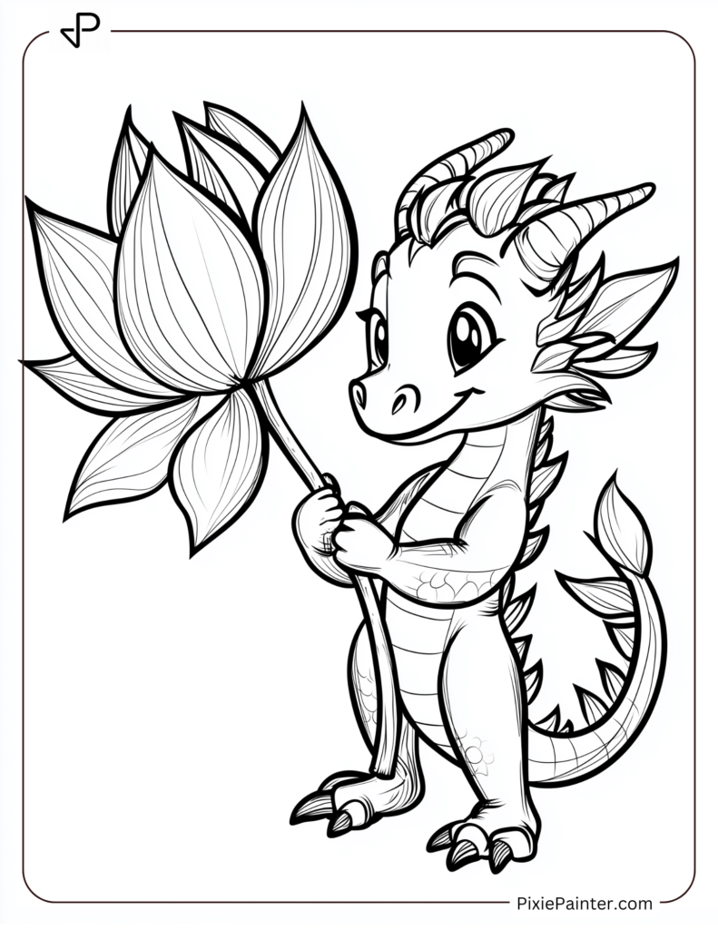 Cartoon Dragon Holding a Large Lotus Flower