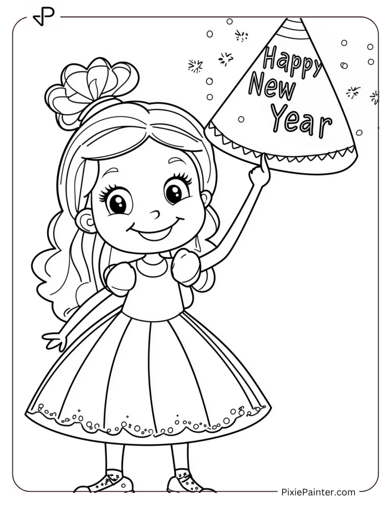 Cute New Year Coloring Pages With A Princess Holding A Happy New Year Party Hat